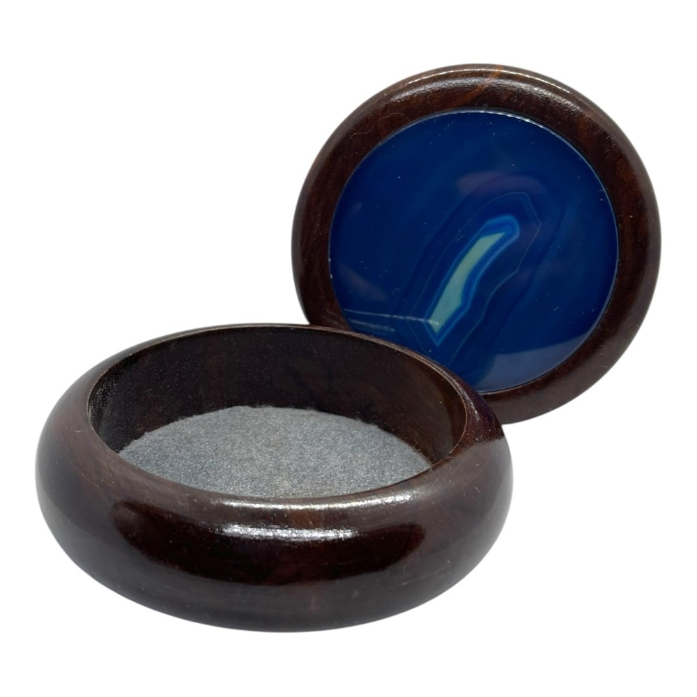 Round Brazilian Wooden Jewelry Box/Trinket with Blue Geode Agate Inlaid Lid 4.5”
